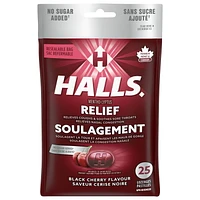 HALLS No Sugar Added, Black Cherry Flavour Cough Drops, Throat Lozenges, Sore Throat Relief, Mentho-Lyptus, 25 Lozenges