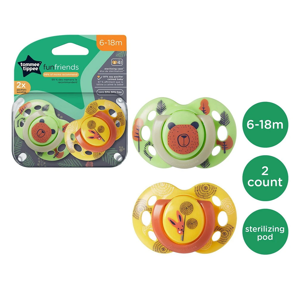 Tommee Tippee Fun Style Pacifiers, Symmetrical Design, BPA-Free Silicone Nipple, Includes Steriliser Box, 6-18m, 2 Count