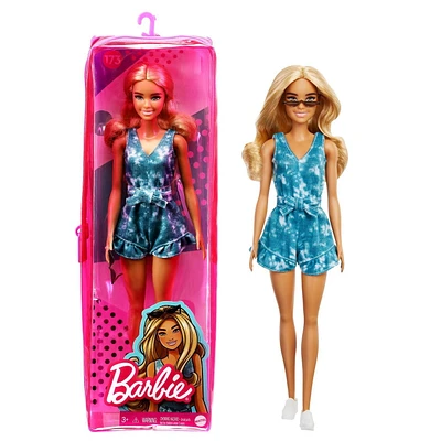 Barbie Fashionistas Doll #173 with Long Blonde Hair & Tie-dye Shorts Romper, Sneakers & Cat Eye Sunglasses, 3 to 8 Years Old