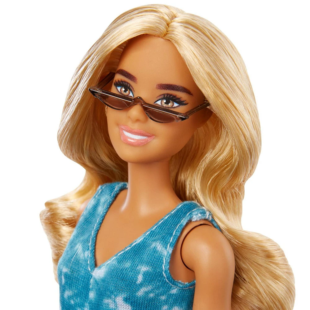 Barbie Fashionistas Doll #173 with Long Blonde Hair & Tie-dye Shorts Romper, Sneakers & Cat Eye Sunglasses, 3 to 8 Years Old