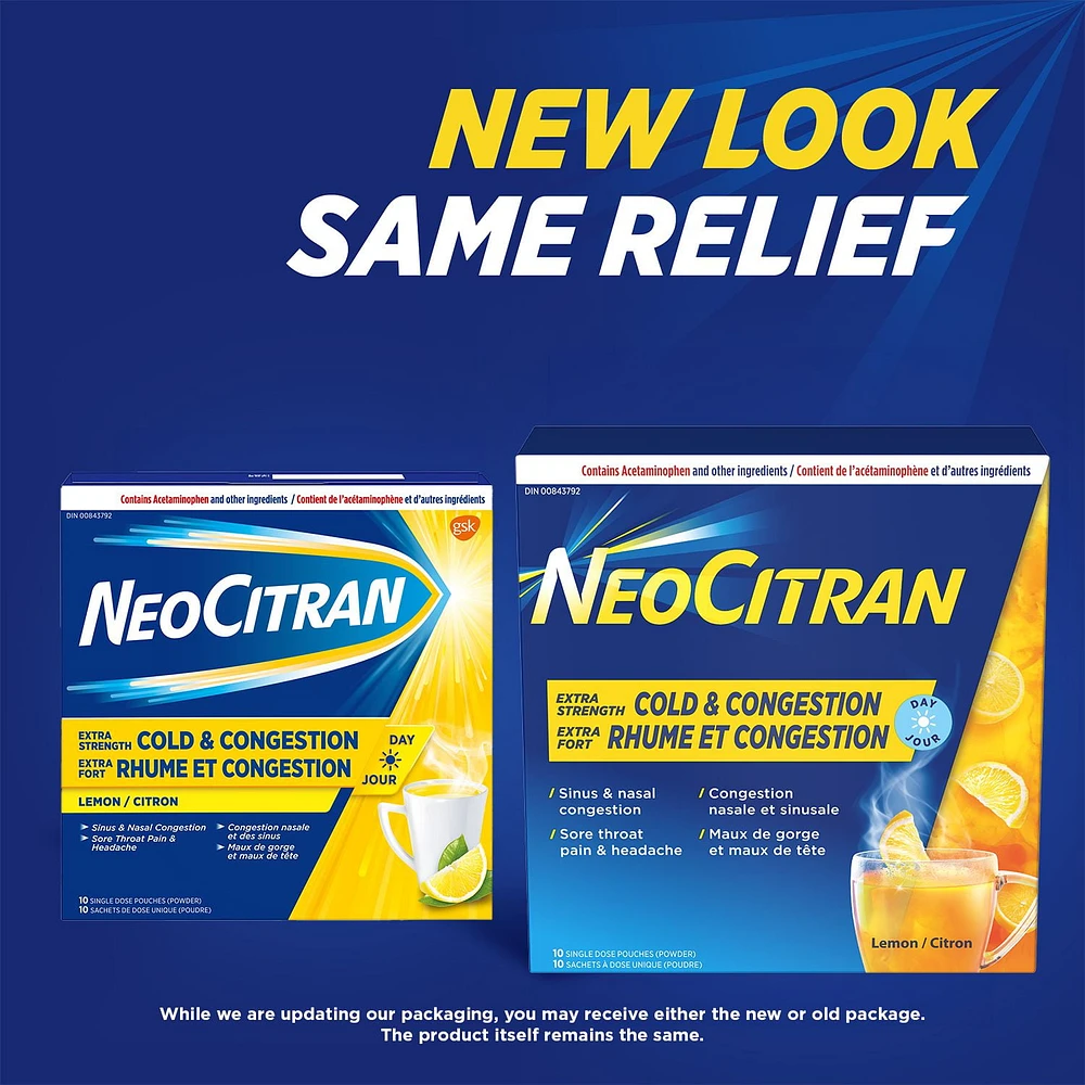 NeoCitran Extra Strength Cold & Congestion Non-Drowsy Lemon, 10 pouches (powder)