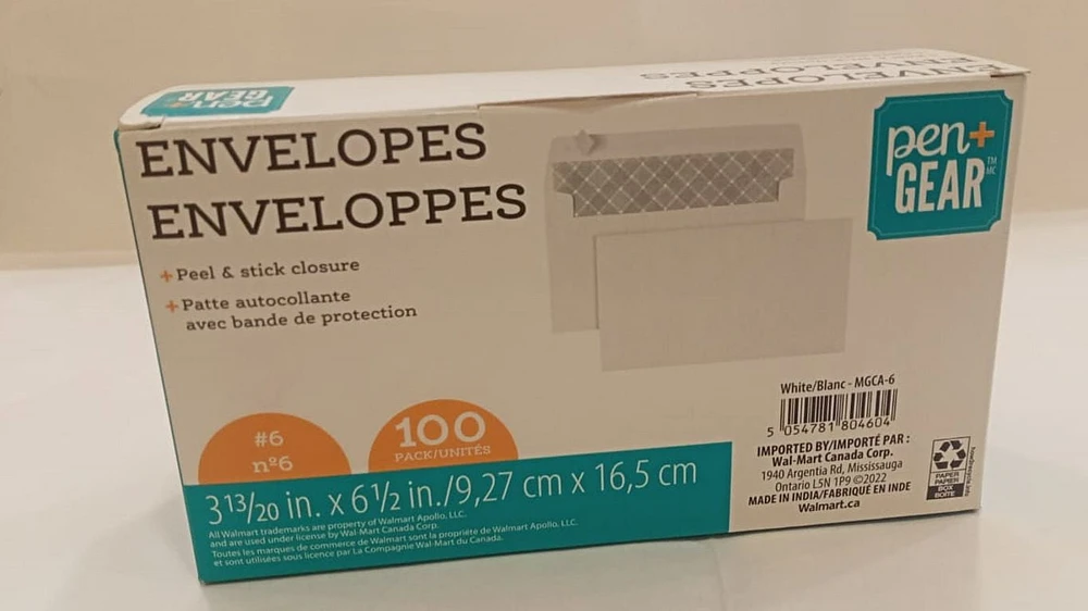 Pen + Gear No.6 White Peel and Stick Envelope ,100 Count ,3 13/20"x 6 1/2", Pen + Gear No.6 White P&S Envelope