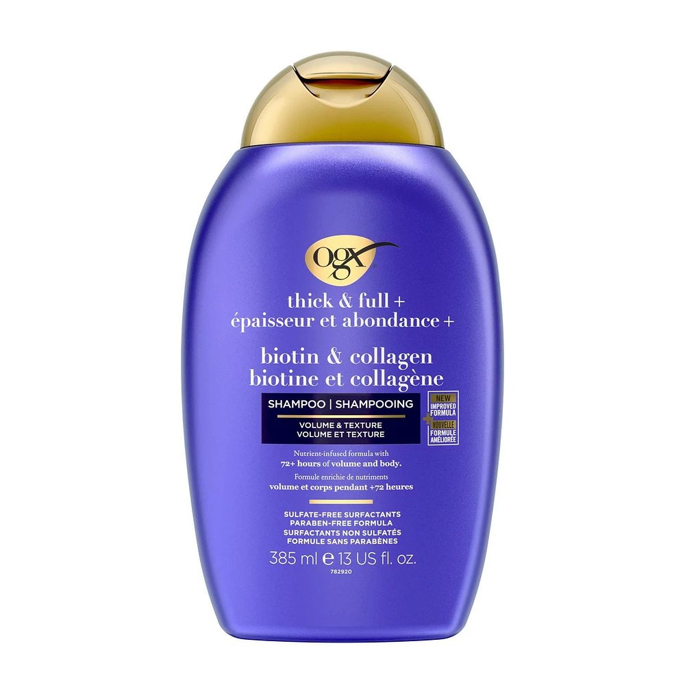 OGX Thick & Full + Biotin & Collagen Volumizing Shampoo, Nutrient-Infused Hair Shampoo with Vitamin B7 Biotin Gives Hair Volume & Body for 72+ Hours, Sulfate-Free Surfactants, 385 mL