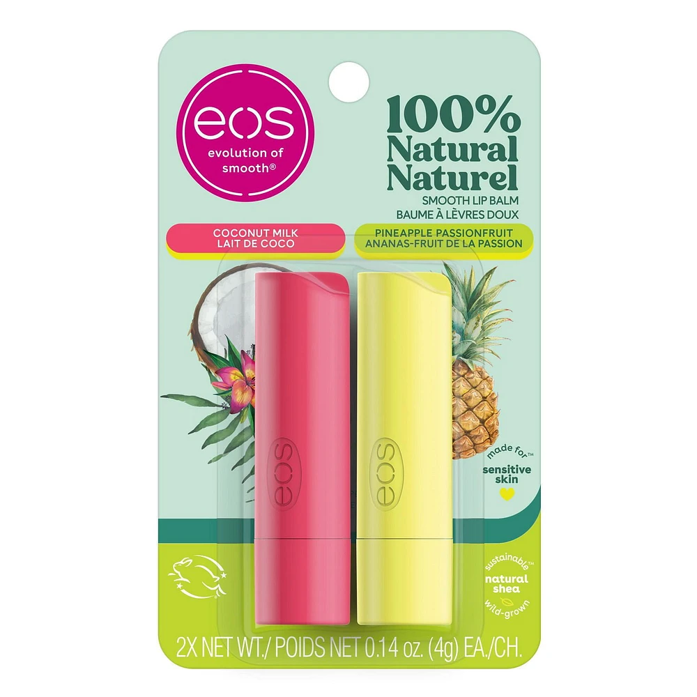 eos 100% Natural Lip Balm Sticks- Pineapple Passionfruit & Coconut Milk, All-Day Moisture, 4g, 2-Pack, Stick 2 Pack (8g)