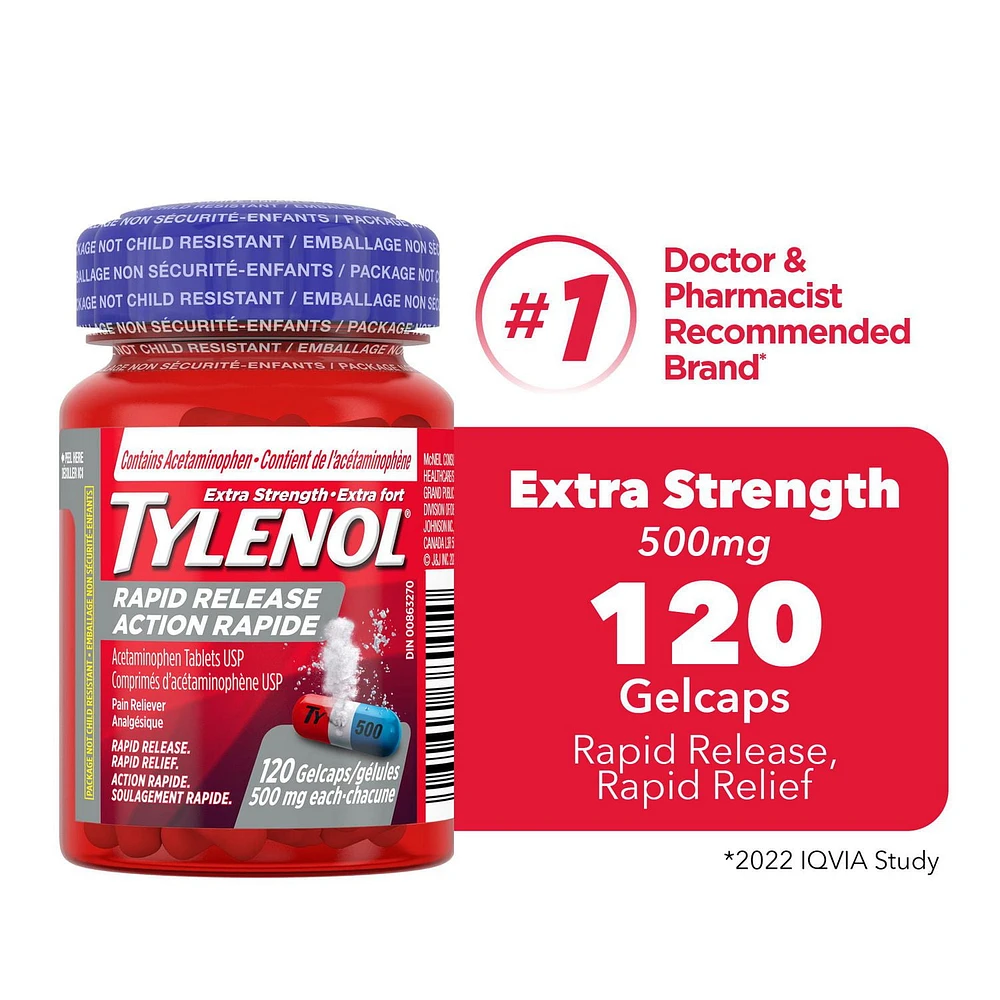 Tylenol Extra Strength Pain Reliever Medicine for Headache, Back Pain and to Reduce Fever, Acetaminophen Rapid Release Gelcaps, 500mg, 120 Gelcaps, 120 Gelcaps