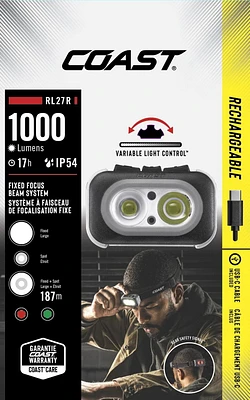 COAST RL27R Rechargeable Plus Rear Loading 1000 Lumens Tri-Color LED Headlamp, 1000 Lumens; 17 hours run time