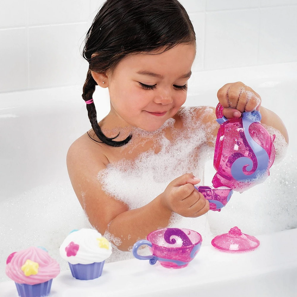 Ensemble de petits gâteaux pour le bain et le thé Munchkin Jouet de bain, comprend 1 théière, 2 tasses à thé et 2 jouets Cupcake Squirt, rose/violet