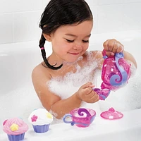 Ensemble de petits gâteaux pour le bain et le thé Munchkin Jouet de bain, comprend 1 théière, 2 tasses à thé et 2 jouets Cupcake Squirt, rose/violet