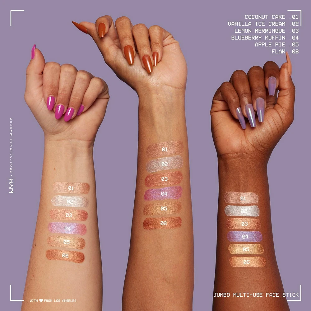 NYX PROFESSIONAL MAKEUP, Crayon polyvalent pour le visage Jumbo, Fini nacré, Formule végétalienne - Blueberry Muffin Surligneur en bâton ultra-doux au fini nacré