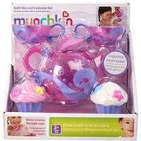 Ensemble de petits gâteaux pour le bain et le thé Munchkin Jouet de bain, comprend 1 théière, 2 tasses à thé et 2 jouets Cupcake Squirt, rose/violet