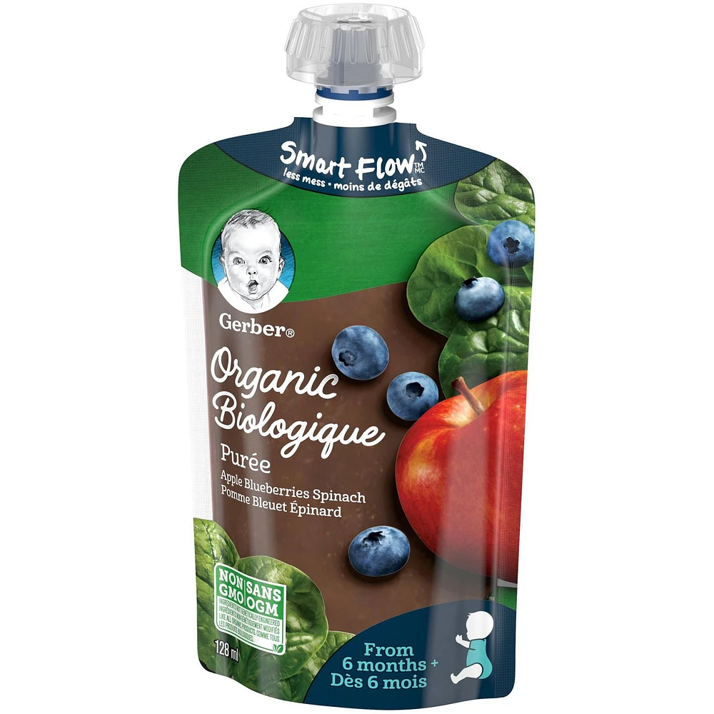 Purée GERBER Biologique Pomme Bleuet Épinard pour bébés, 128 ml 128 ml