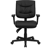 Mid-Back Black Leather Multifunction Swivel Task Chair with Adjustable Arms