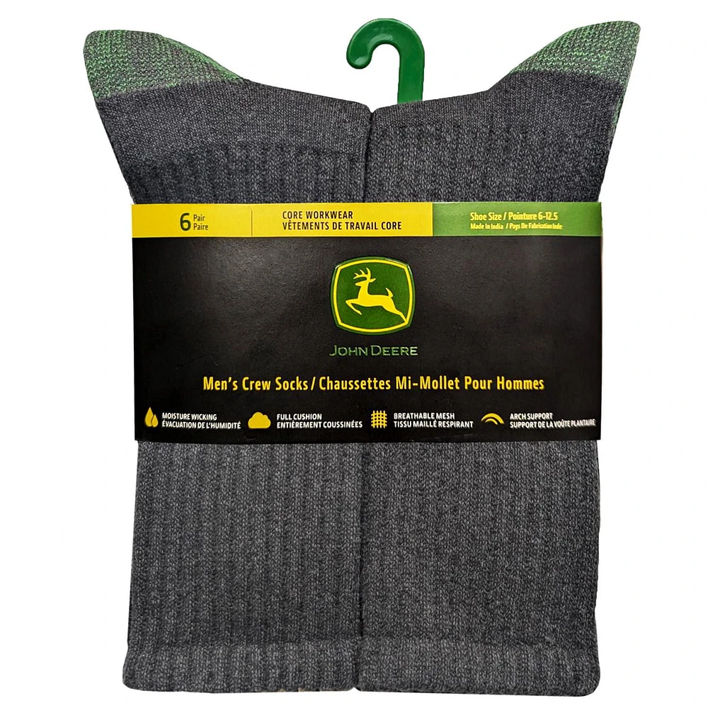 Ensemble de 6 chaussettes mi- mollet John Deere pour hommes; vêtements de travail core Pointures 6-12.5