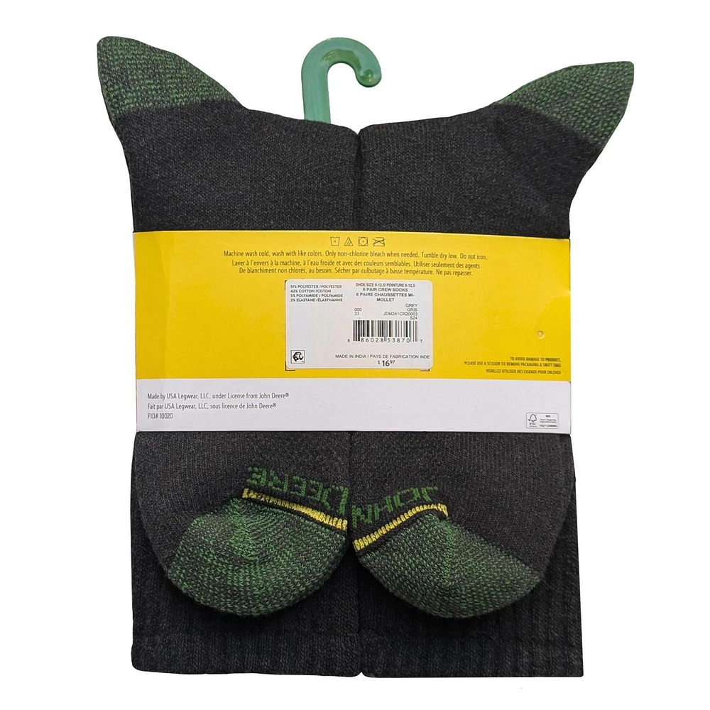 Ensemble de 6 chaussettes mi- mollet John Deere pour hommes; vêtements de travail core Pointures 6-12.5