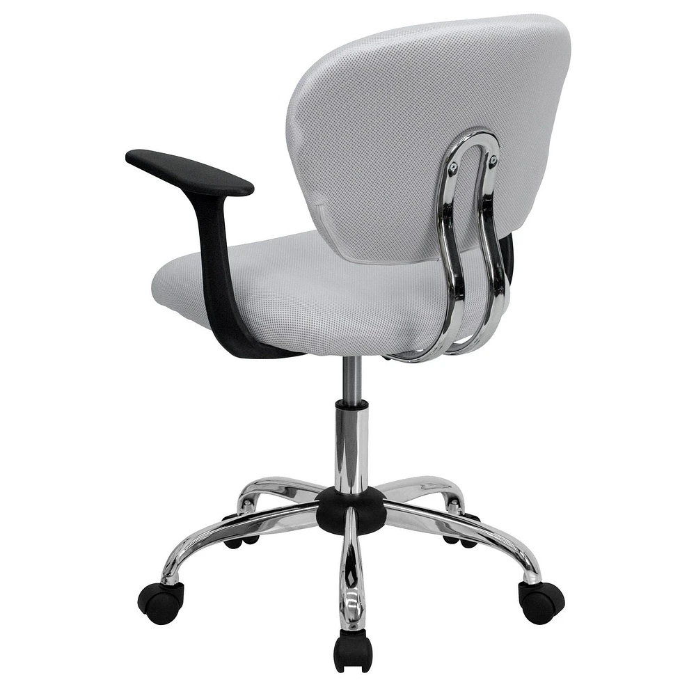 Mid-Back White Mesh Padded Swivel Task Chair with Chrome Base and Arms