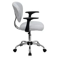 Mid-Back White Mesh Padded Swivel Task Chair with Chrome Base and Arms