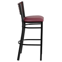 HERCULES Series Black Slat Back Metal Restaurant Barstool - Mahogany Wood Back, Burgundy Vinyl Seat