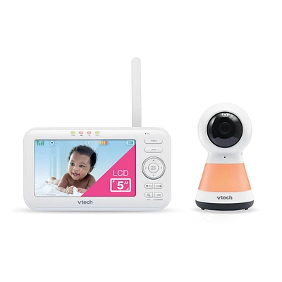 VTech VM5255 Moniteur de bébé vidéo numérique à balayage panoramique de 5 po avec veilleuse (Blanc) VM5255