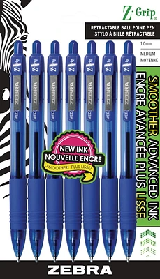 Stylos à bille rétractables Zebra Z-Grip Pointe Moy. Paq. de 7, Bleu