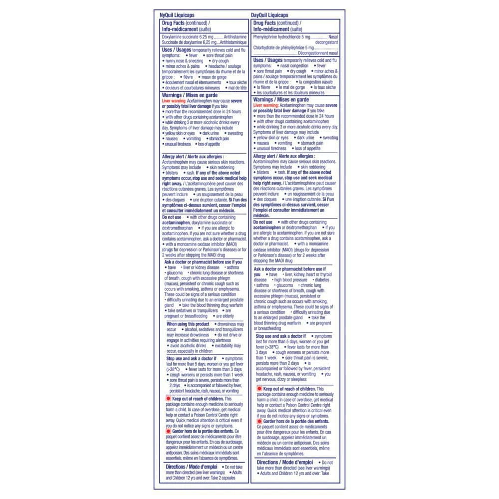 Vicks DayQuil et NyQuil Rhume et grippe LiquiCaps format pratique 48 capsules liquides