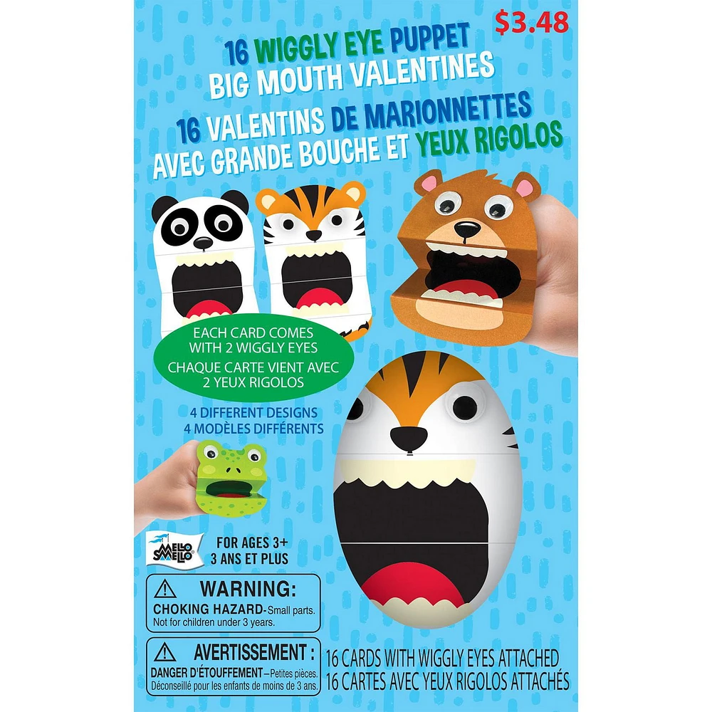 Mello Smello Wiggly Eye Puppet Big Mouth Valentines Kiddie Cards, 16 CT