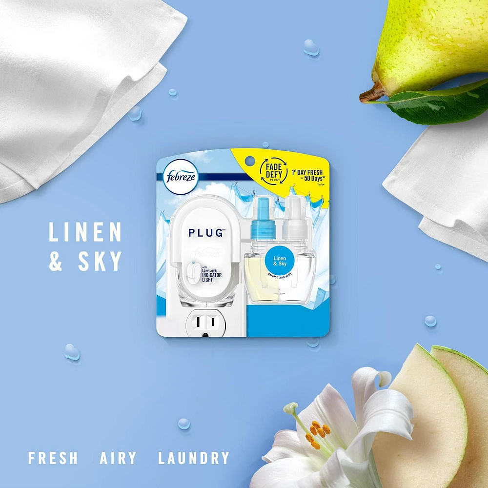 Febreze Odor-Eliminating Fade Defy PLUG Air Freshener, Linen & Sky, Starter Kit & 26 mL Oil Refill