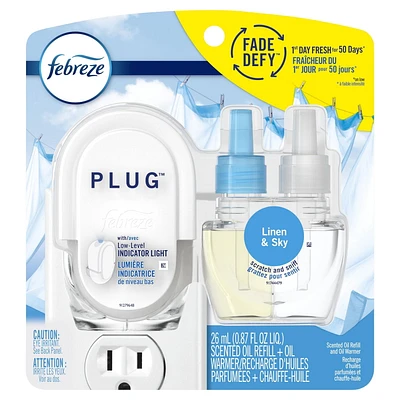 Febreze Odor-Eliminating Fade Defy PLUG Air Freshener, Linen & Sky, Starter Kit & 26 mL Oil Refill