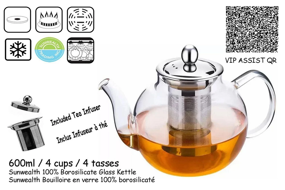 Sunwealth Borosilicate Glass Tea Pot, Capacity: 600ml / 4 cups