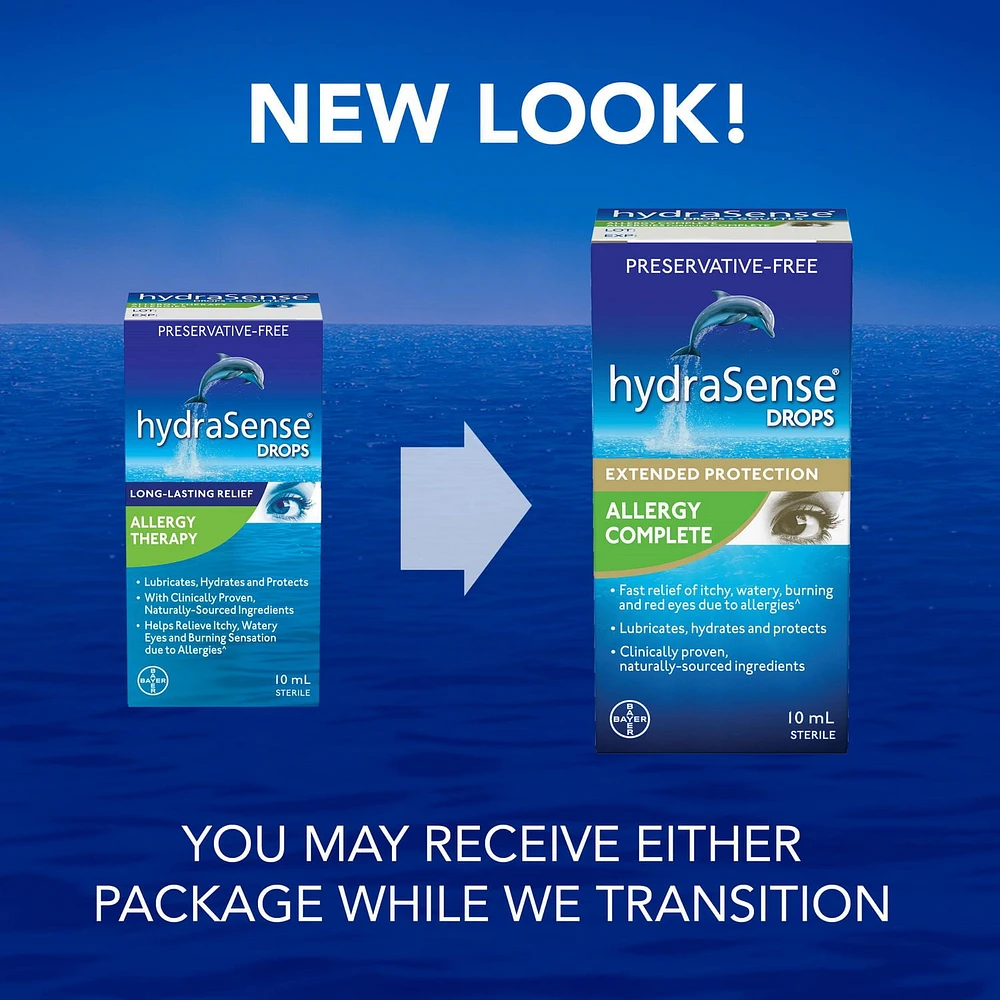 hydraSense Allergies formule complète – Gouttes oculaires sans agent de conservation contre les symptômes de sécheresse oculaire et d’allergie 10 ml