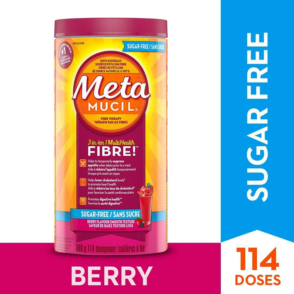 Fibres Metamucil MultiSanté 3 en 1! Supplément de fibres en poudre, sans sucre, saveur de baies 660g