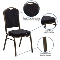 HERCULES Series Crown Back Stacking Banquet Chair in Black Patterned Fabric - Gold Vein Frame