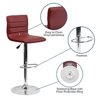 Contemporary Burgundy Vinyl Adjustable Height Barstool with Horizontal Stitch Back and Chrome Base