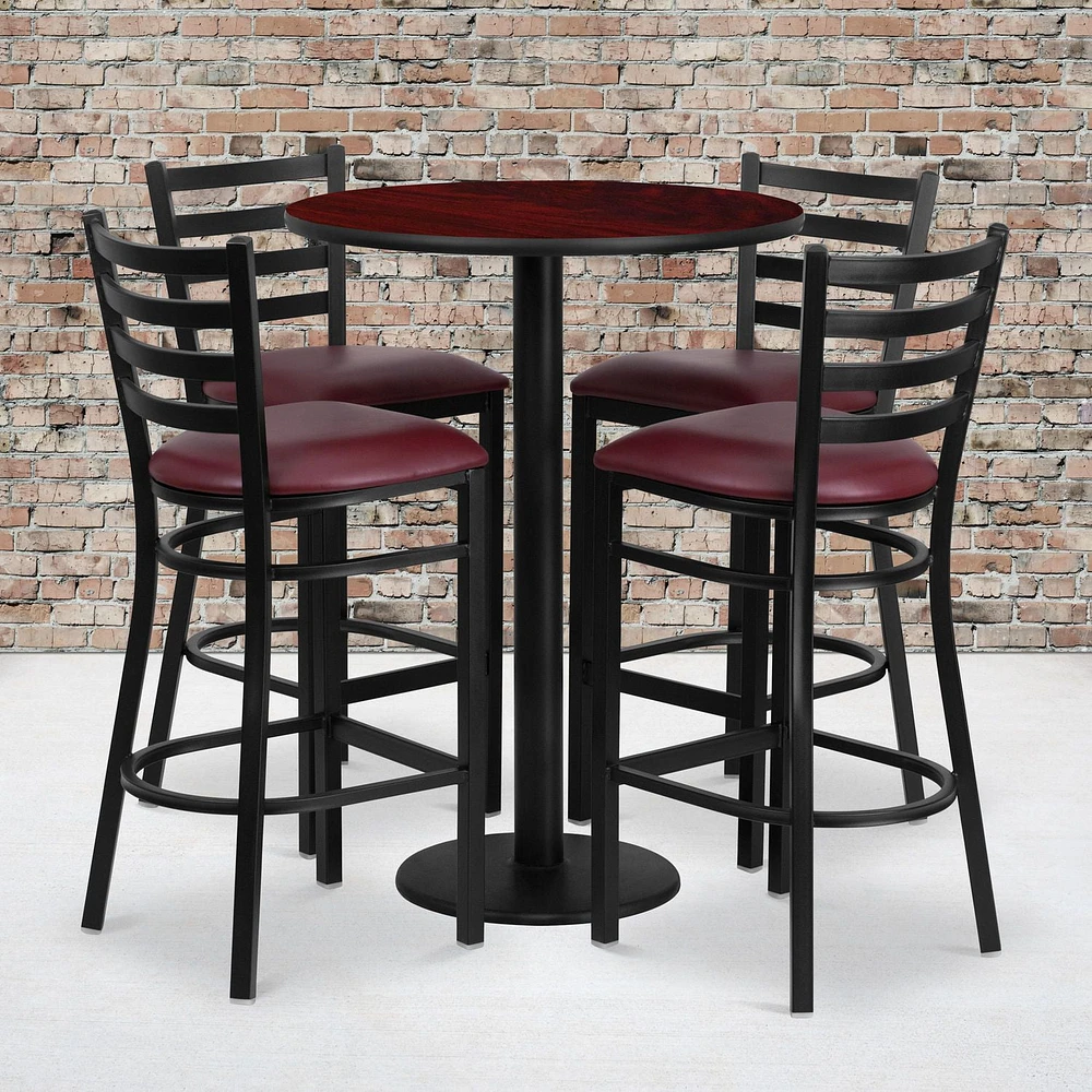 30'' Round Mahogany Laminate Table Set with Round Base and 4 Ladder Back Metal Barstools - Burgundy Vinyl Seat