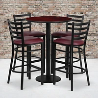 30'' Round Mahogany Laminate Table Set with Round Base and 4 Ladder Back Metal Barstools - Burgundy Vinyl Seat