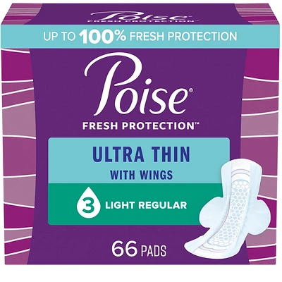 Poise Ultra Thin Postpartum Incontinence Pads with Wings, Light Absorbency, Regular Length, 66 Count, PSE UT WNG LT 66