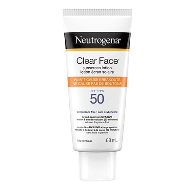 Lotion écran solaire Neutrogena Clear Face pour peau sujette à l’acné, protection UVA/UVB FPS 50 à large spectre, écran solaire visage sans huile, sans parfum et sans oxybenzone, non comédogène 88 ml