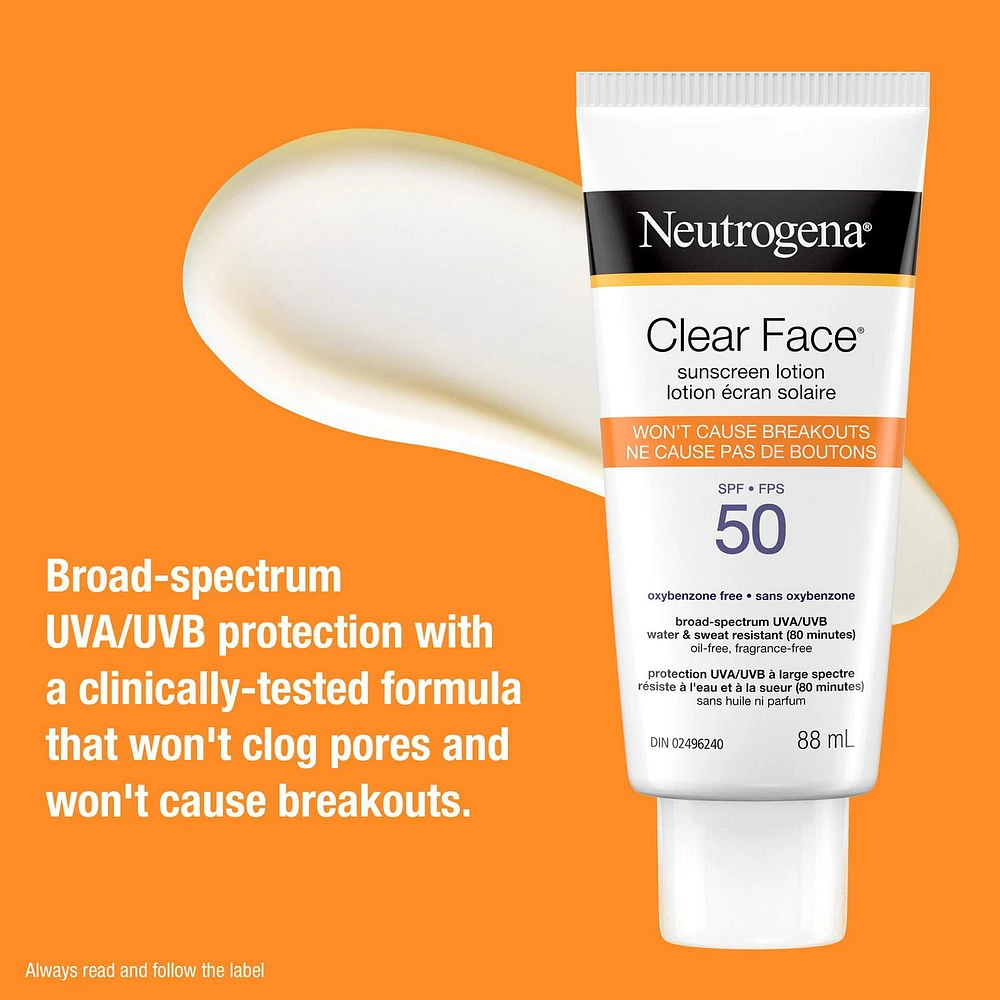 Neutrogena Clear Face Sunscreen Lotion for Acne-Prone Skin, Broad Spectrum SPF 50 UVA/UVB Protection, Oil-, Fragrance- & Oxybenzone-Free Facial Sunscreen, Non-Comedogenic, 88 mL