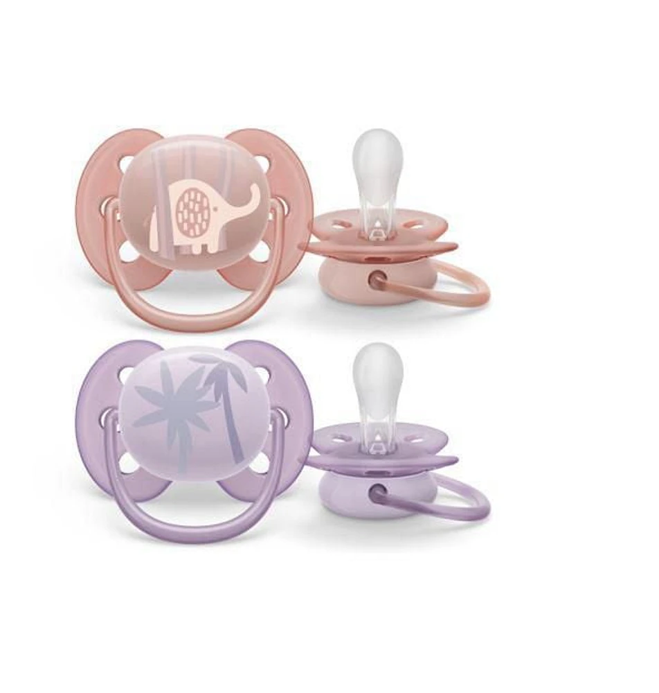 Philips Avent Ultra Soft Pacifier 0-6m, lychee elephant / lilac palms, 2 pack SCF091/09, Avent Ultra Soft Pacifier 0-6m lychee elephant 2pk