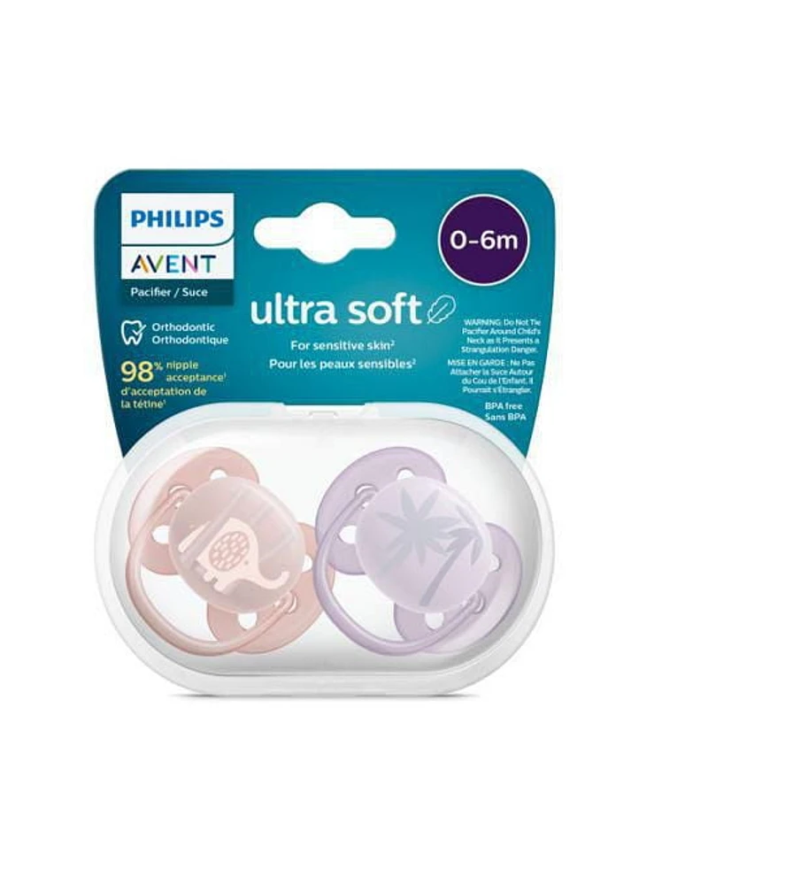 Philips Avent Ultra Soft Pacifier 0-6m, lychee elephant / lilac palms, 2 pack SCF091/09, Avent Ultra Soft Pacifier 0-6m lychee elephant 2pk