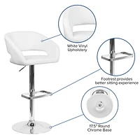 Contemporary White Vinyl Adjustable Height Barstool with Rounded Mid-Back and Chrome Base