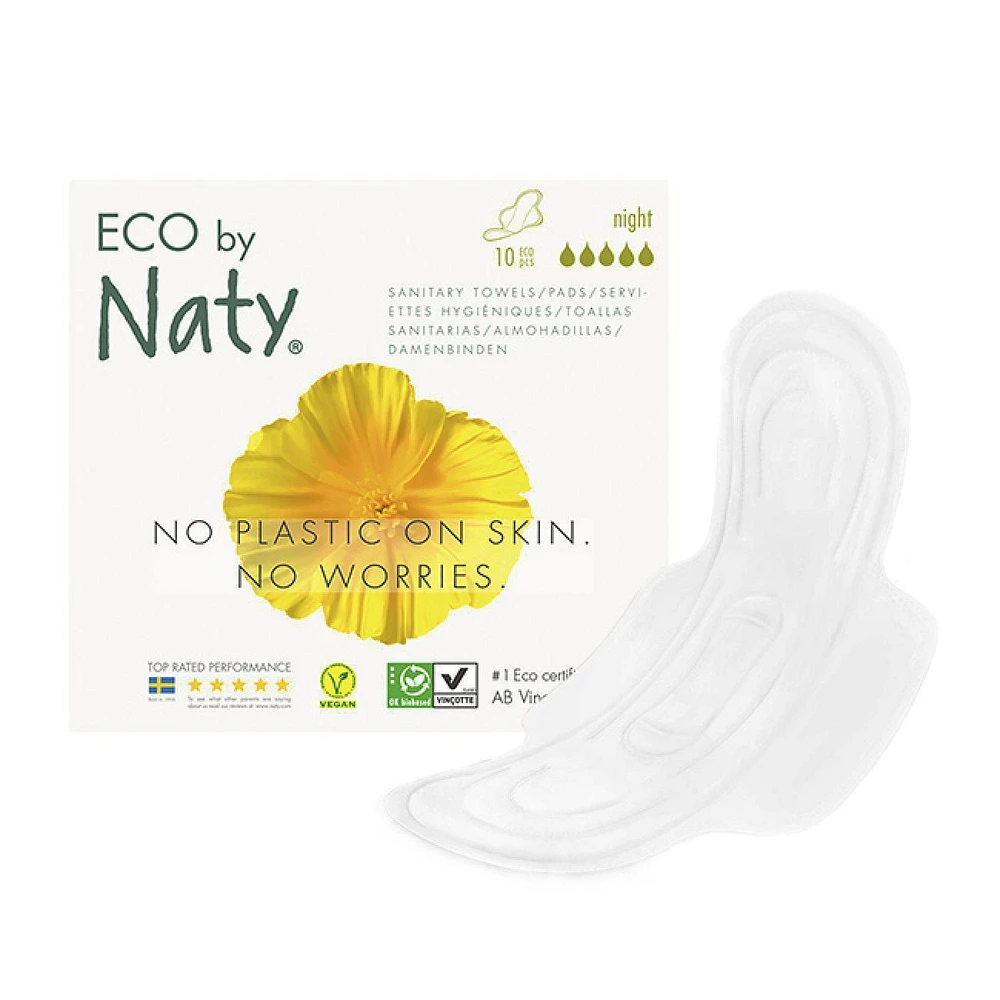 Eco by Naty Certified Thin Sanitary Pads with wings, Night, 12 Boxes of 10 Pads (120 Pads) (Chemical-Free and Unscented)