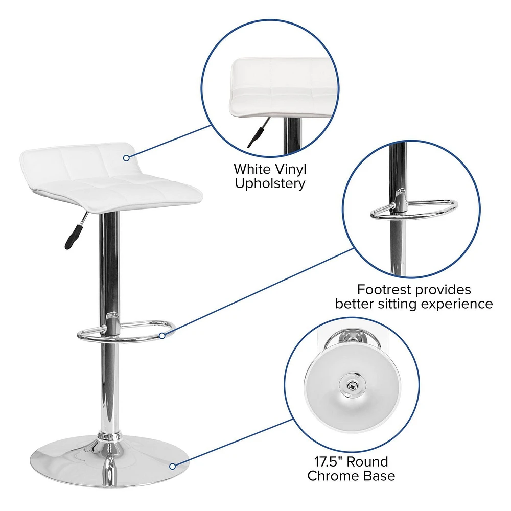 Contemporary White Vinyl Adjustable Height Barstool with Quilted Wave Seat and Chrome Base