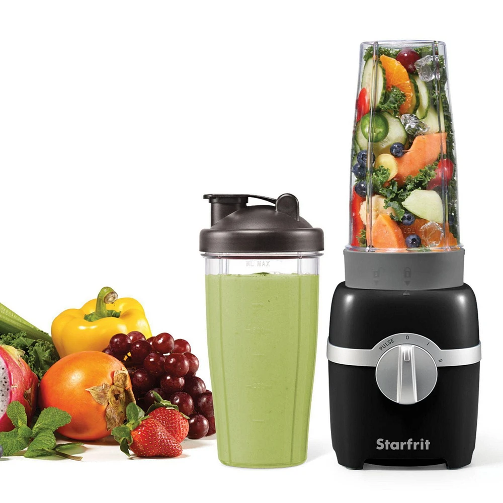 Starfrit 7 pcs  Personal Blender, 2 x 28oz (828ml) cups, 2 x travel lids, 2 blades, 3 speed modes: Low, High & Pulse, 300W