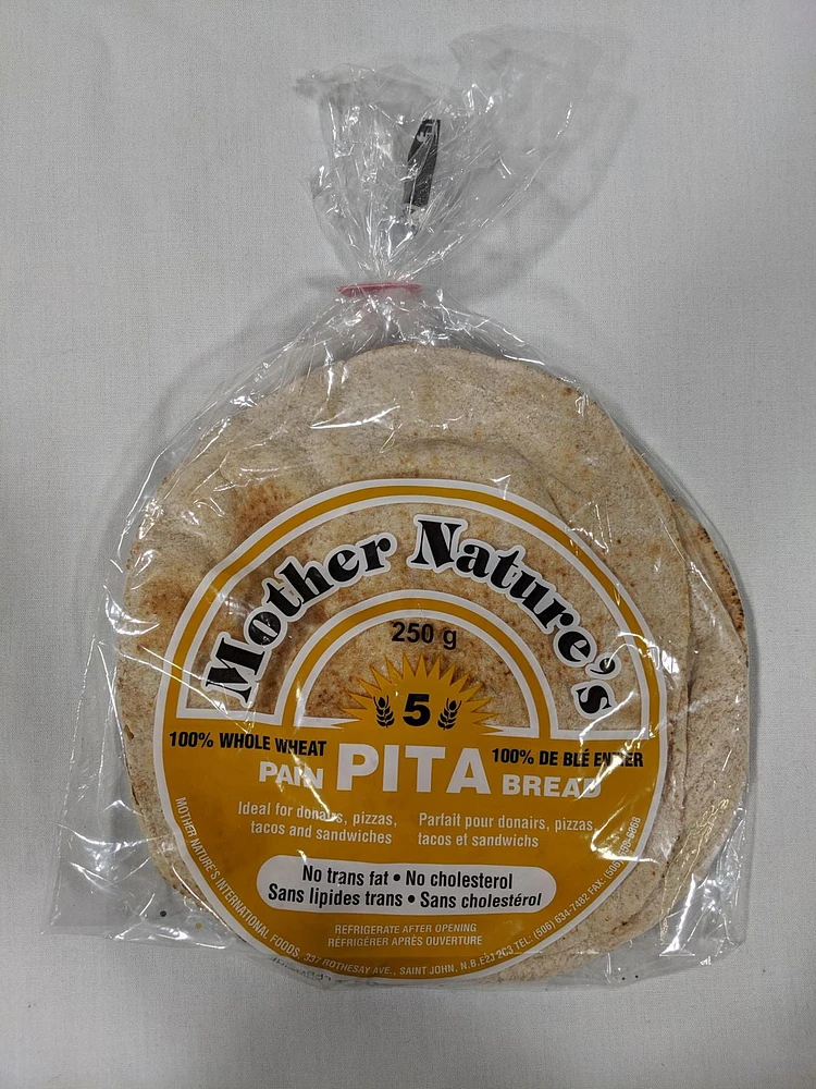 Mother Nature's 100% Whole Wheat Pita Bread, 100% Whole Wheat Pita Bread.  Ideal for donairs, pizzas, tacos and sandwiches.  No trans fat and no cholesterol.