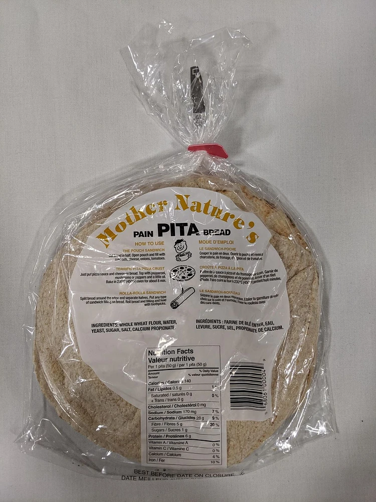 Mother Nature's 100% Whole Wheat Pita Bread, 100% Whole Wheat Pita Bread.  Ideal for donairs, pizzas, tacos and sandwiches.  No trans fat and no cholesterol.