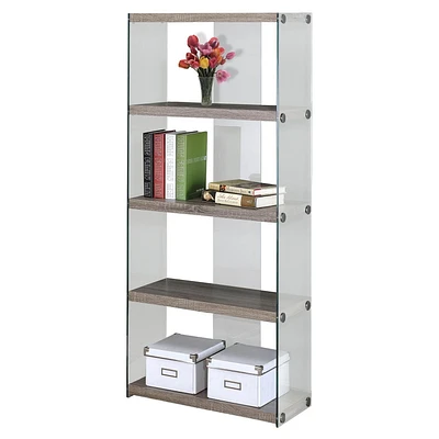 Monarch Specialties Bookshelf, Bookcase, Etagere, 5 Tier, 60"h, Office, Bedroom, Tempered Glass, Laminate, Brown, Clear, Contemporary, Modern