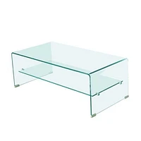 Waterfall Glass Coffee Table with Shelf – Modern Tempered Glass Design Featuring a Spacious Top and Integrated Shelf for Stylish Storage and Display