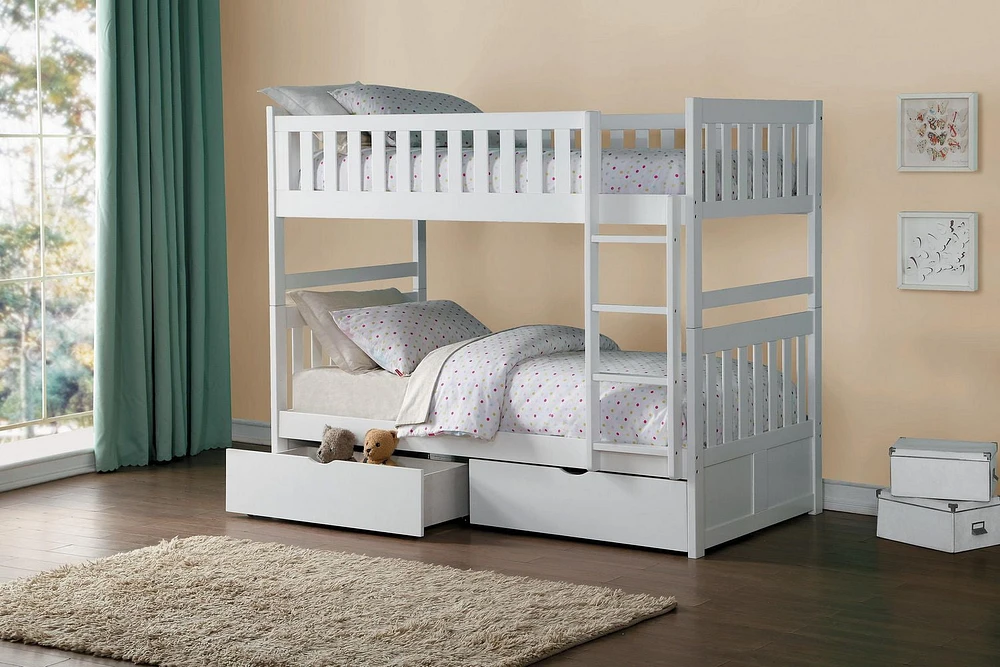 Topline Home Furnishings White Twin over Twin Bunk Bed with Toy Storage