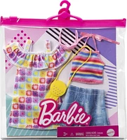 Barbie Fashions 2-Pack Clothing Set, 2 Outfits for Barbie Doll Includes Summery Off-the-Shoulder Print Dress, Striped Halter Top & Denim Shorts & 2 Accessories, Gift for Kids 3 to 8 Years Old