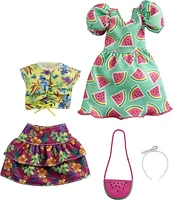 ​Barbie Fashions 2-Pack Clothing Set, 2 Outfits for Barbie Doll Include Watermelon-Print Dress, Floral Skirt, Tropical Tank & 2 Accessories